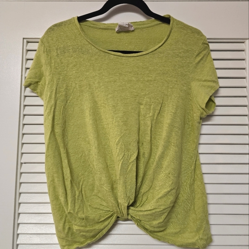 Andrea Jovine - Green 100% Linen Short-Sleeve Top With Knot Detail